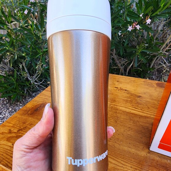 Tupperware Metallic OTG Travel Insulated Thermal Gold Flask Tumbler 14oz NIB - Picture 5 of 9
